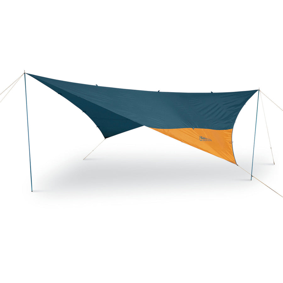 Kelty Noah's Tarp 9, blue, shown guyed out and supported by poles (not included)